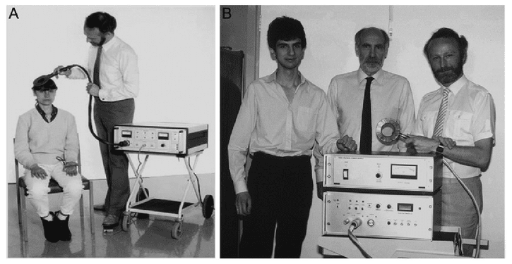 A-Anthony-T-Barker-during-demonstration-of-transcranial-magnetic-stimulation-TMS-in2
